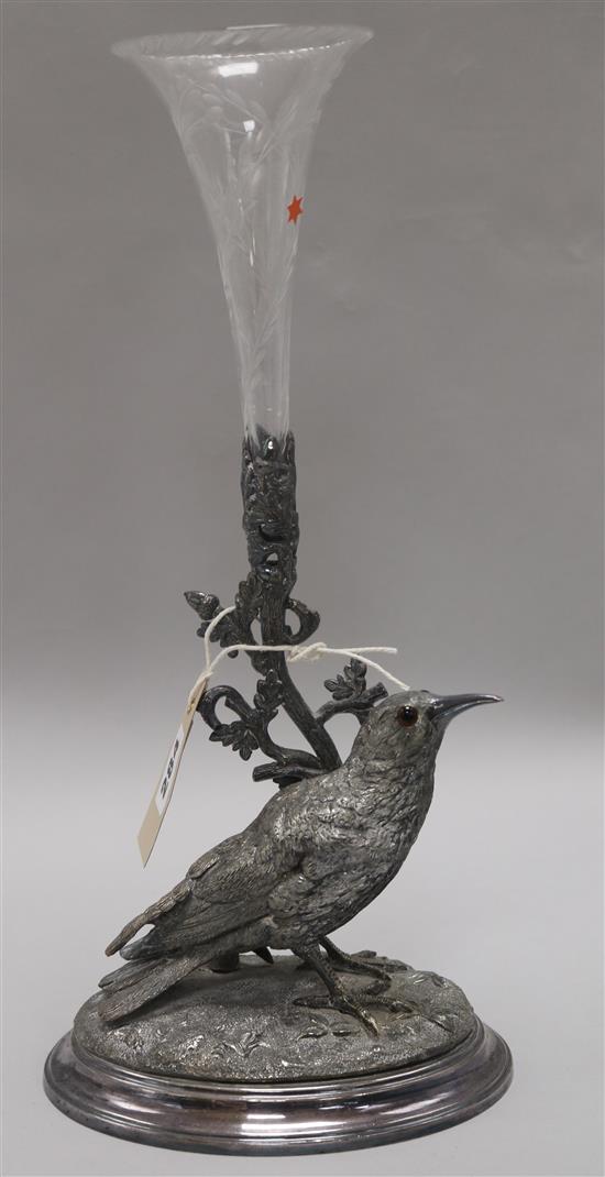 A silver plated epergne cast with a model of a blackbird H.36cm